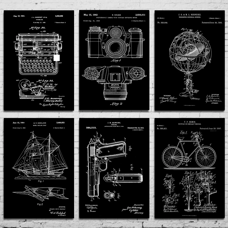 kf-S362ddb19f6ea4a71881cd32484f64d14r Patent Black And White poster Vintage Musical Instruments Sports Equipment Gun Drawing Canvas Printing Poster Home Room decor - Image 1
