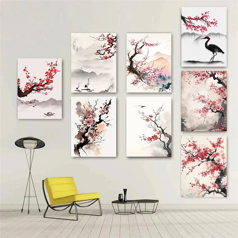 kf-S4568a557693647adbfe2bc61aae745891 Chinese Plum Blossom Ink Painting Theme Canvas Printing Fashion Popular Colors Mural Painting Studio Home Art Decoration Gifts - Image 1