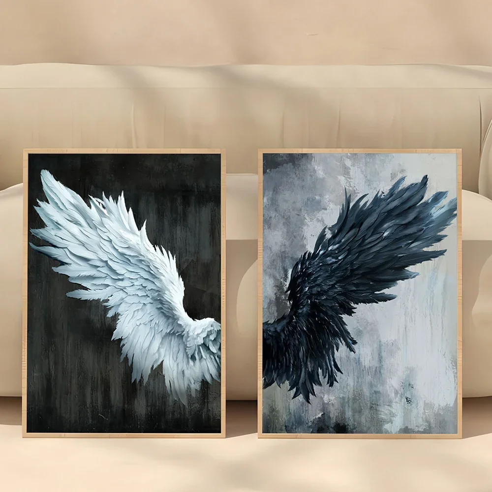 kf-S5f13d332aef340a9a7866979e27241bdO 2PCS/Sets Black White Angel Wings Posters Canvas Painting Prints Abstract Vintage Wall Art for Living Room Home Decor Unframed - Image 1