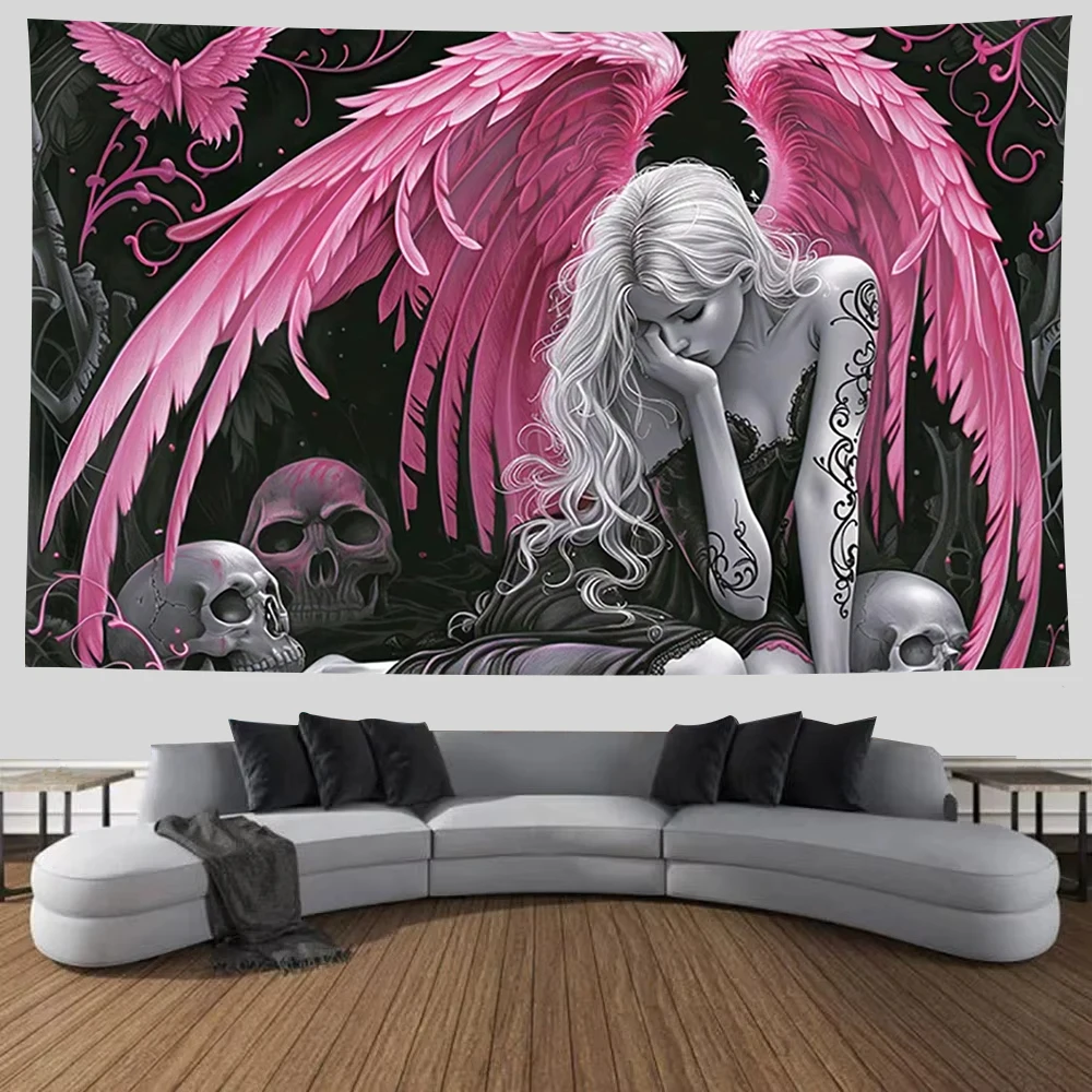 kf-S9b5ebee170e94546abd76f80e072deaf7 Gothic Pink Winged Angel Wall Art Wall Tapestry Dark Fantasy Skull Decor for Home Bedroom Living Room Wall Hanging Wall Mat - Image 1