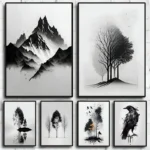 Minimalist Black and White Mountain Tree Crow Landscape Poster Print Canvas Painting Abstract Wall Art Living Room Home Decor