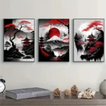 3pcs Frameless Japanese Natural Landscape Canvas Painting Black And Red Posters Vintage Ink Art Wall Prints For Living Room Home - Image 4