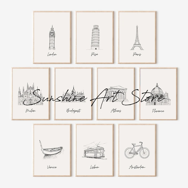 kf-Se6c5c12881054a21a1e9d18bf352a4d9v European Cities Minimal Line Art Poster Traveling Aesthetic Canvas Prints One Line Drawing Rome Amsterdam London Wall Decoration - Image 1