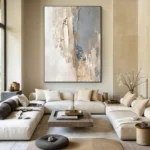 Original Large Beige Blue Abstract Handmade Canvas Painting Gray Minimalist Art White Wall Art Textured Painting Home Decoration - Image 2