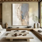 Original Large Beige Blue Abstract Handmade Canvas Painting Gray Minimalist Art White Wall Art Textured Painting Home Decoration - Image 5